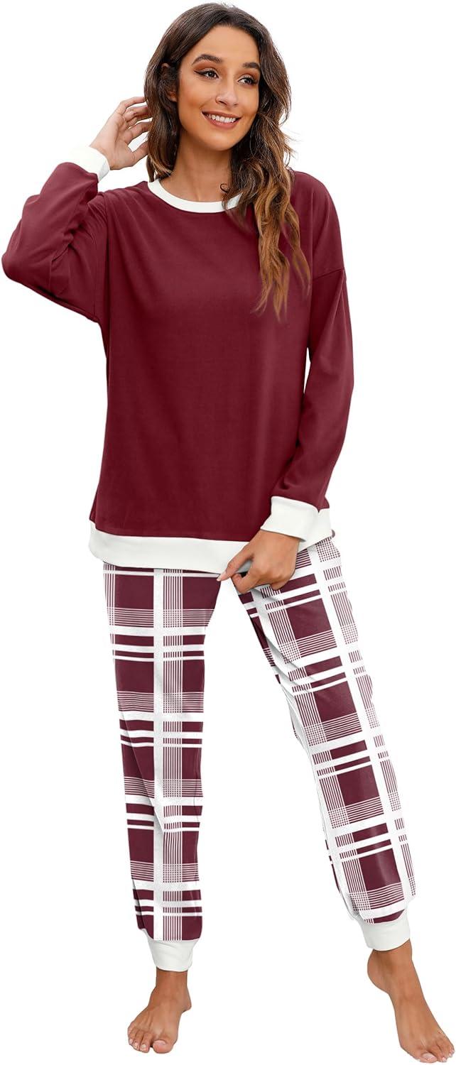 imageXIEERDUO Pajamas For Women Long Sleeve Crew Neck With Pockets Tie Dye Leopard Plaid Lounge Sets Two Piece Outfits Pj Set25mix Red