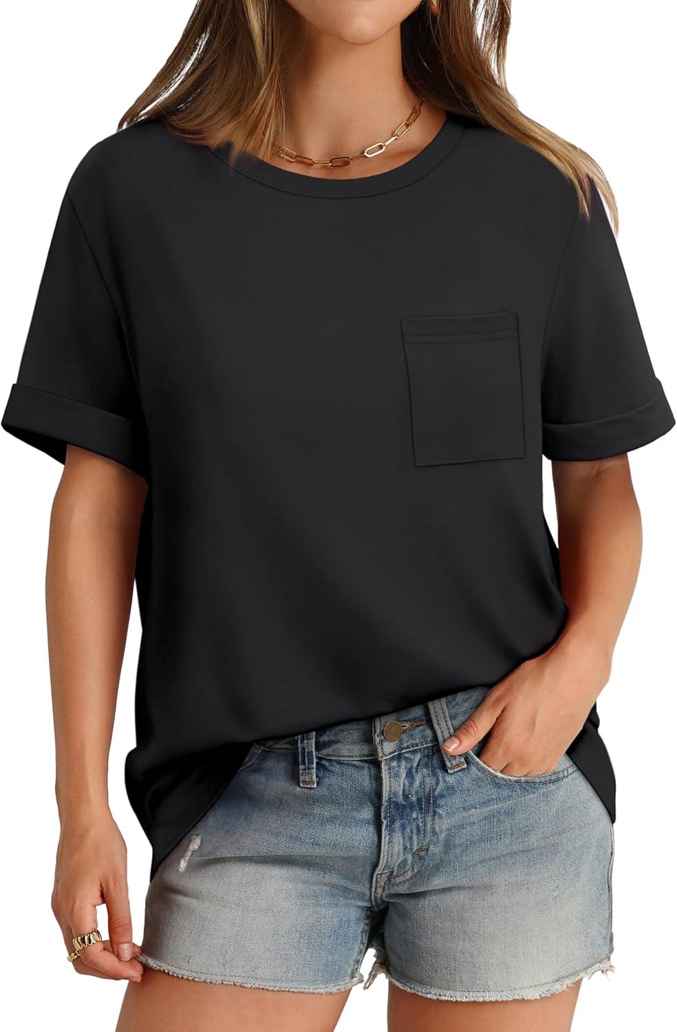imageXIEERDUO Summer Tops for Women Casual Crewneck Short Sleeve Shirts Pocket ComfyBlack