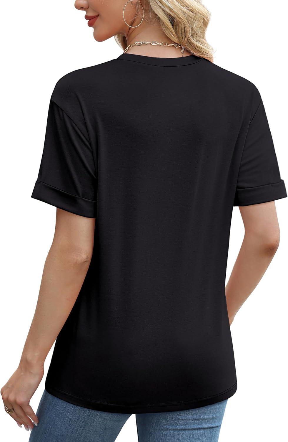 imageXIEERDUO Summer Tops for Women Casual Crewneck Short Sleeve Shirts Pocket ComfyBlack