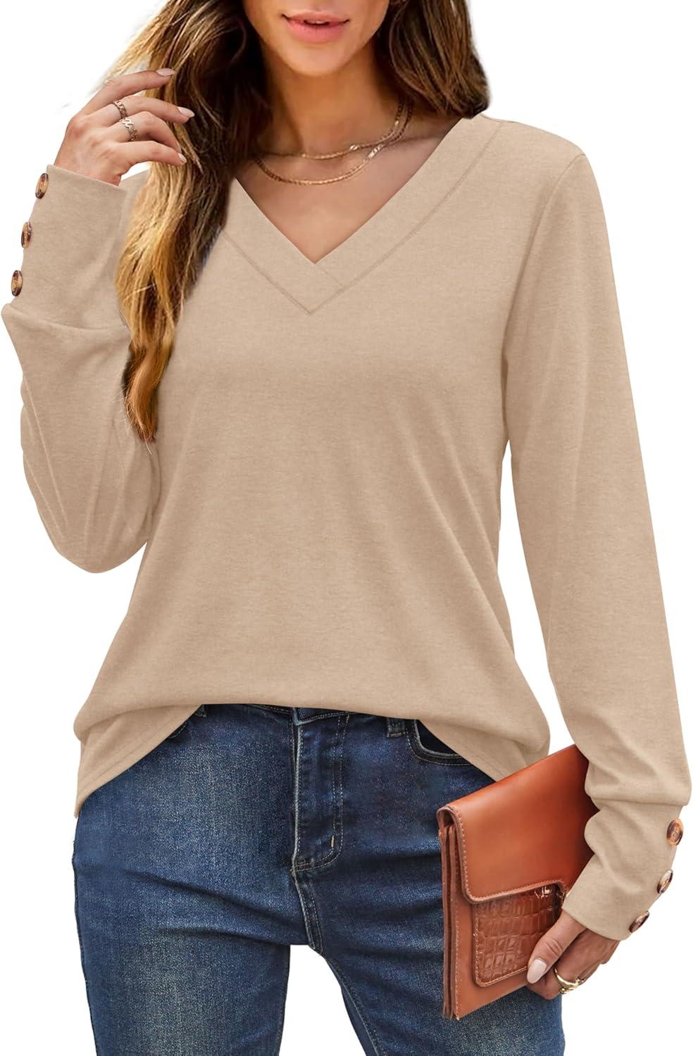 imageXIEERDUO Thermal Fall Outfits 2025 Dressy Casual Womens Sweater Fashion Clothing V Neck Tunic TopsBeige