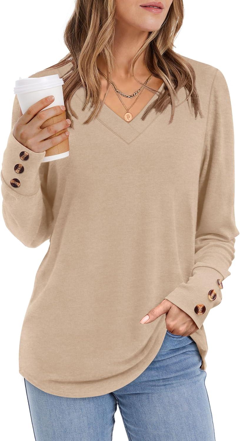 imageXIEERDUO Thermal Fall Outfits 2025 Dressy Casual Womens Sweater Fashion Clothing V Neck Tunic TopsBeige