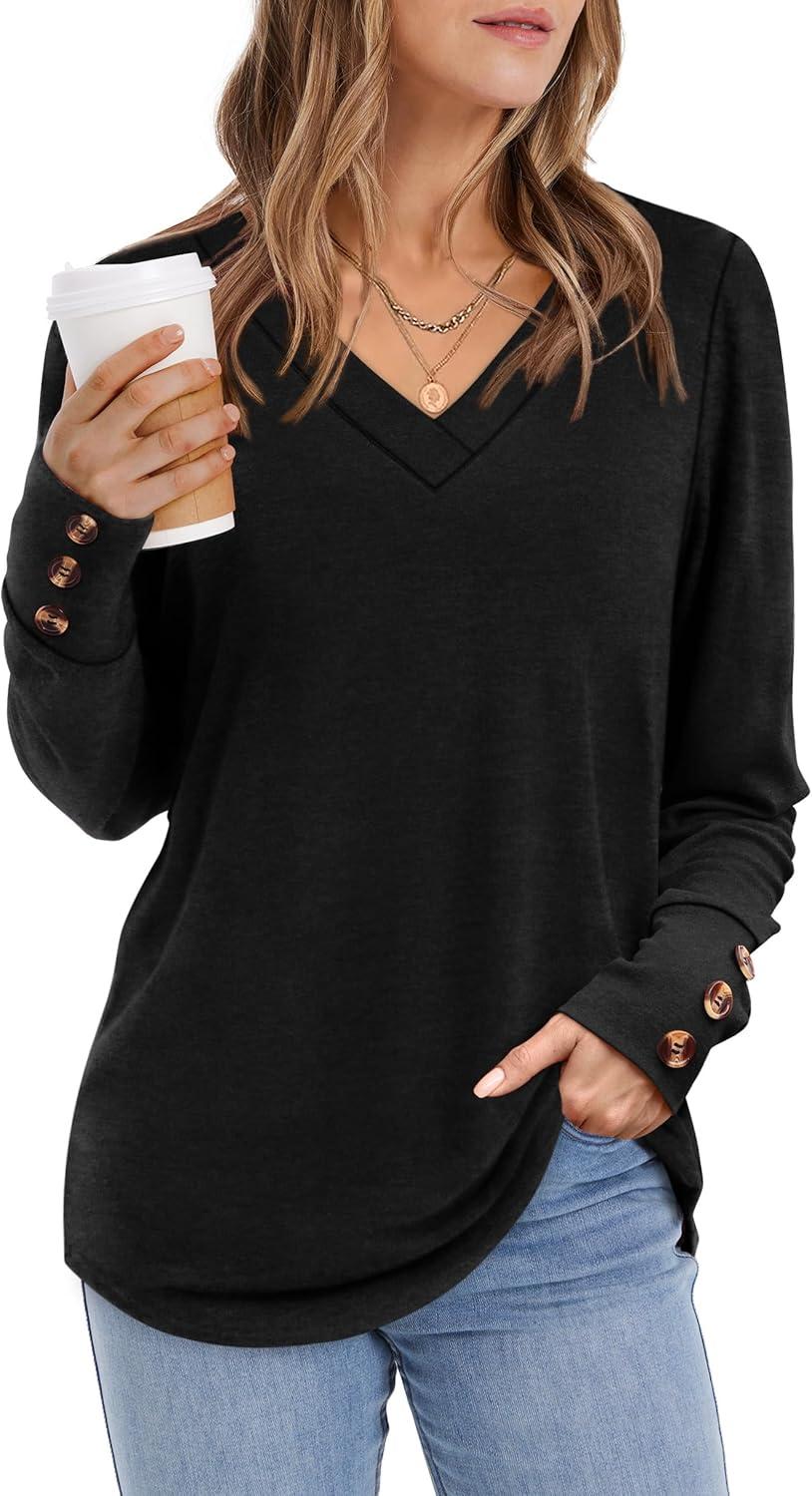 imageXIEERDUO Thermal Fall Outfits 2025 Dressy Casual Womens Sweater Fashion Clothing V Neck Tunic TopsBlack