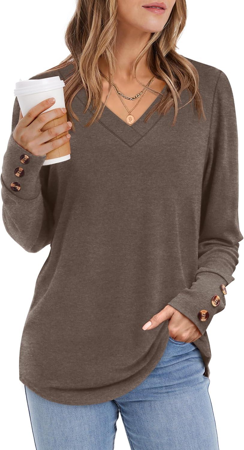 imageXIEERDUO Thermal Fall Outfits 2025 Dressy Casual Womens Sweater Fashion Clothing V Neck Tunic TopsCoffee