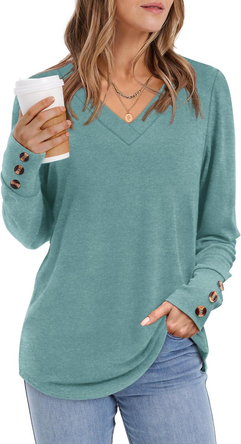 imageXIEERDUO Thermal Fall Outfits 2025 Dressy Casual Womens Sweater Fashion Clothing V Neck Tunic TopsGreyblue