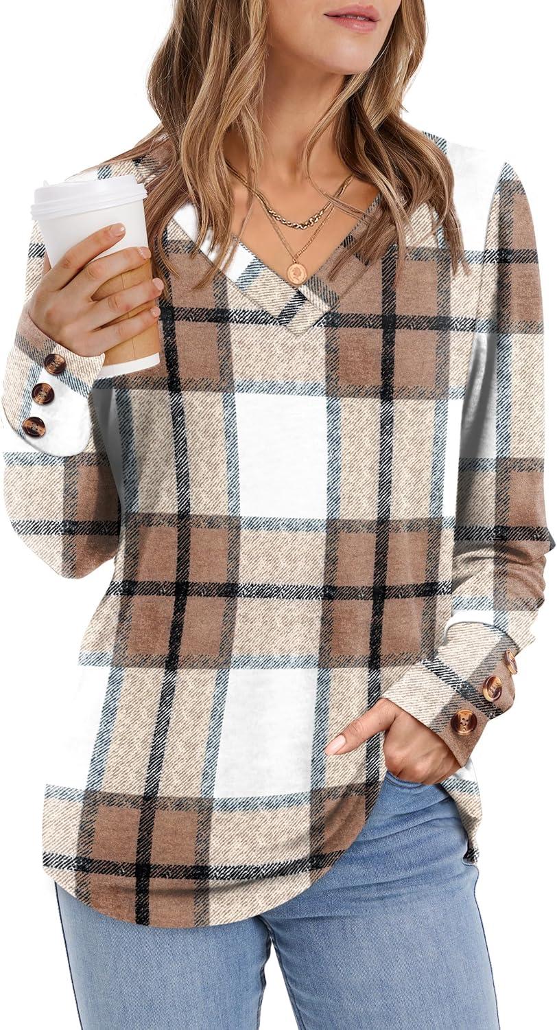 imageXIEERDUO Thermal Fall Outfits 2025 Dressy Casual Womens Sweater Fashion Clothing V Neck Tunic TopsGrid