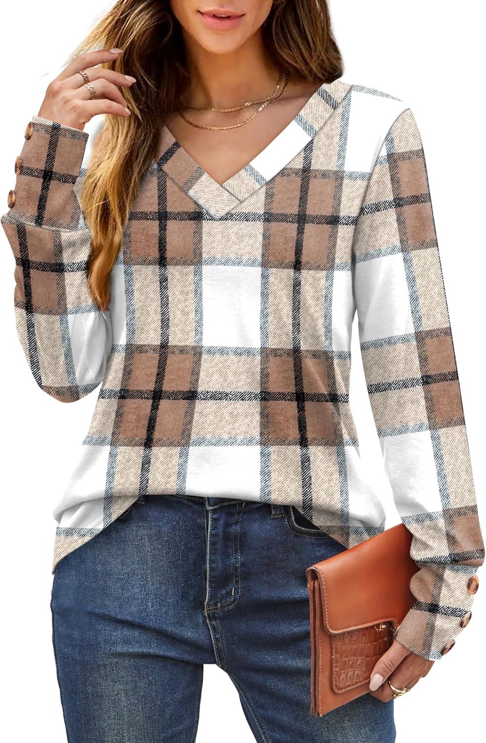 imageXIEERDUO Thermal Fall Outfits 2025 Dressy Casual Womens Sweater Fashion Clothing V Neck Tunic TopsGrid