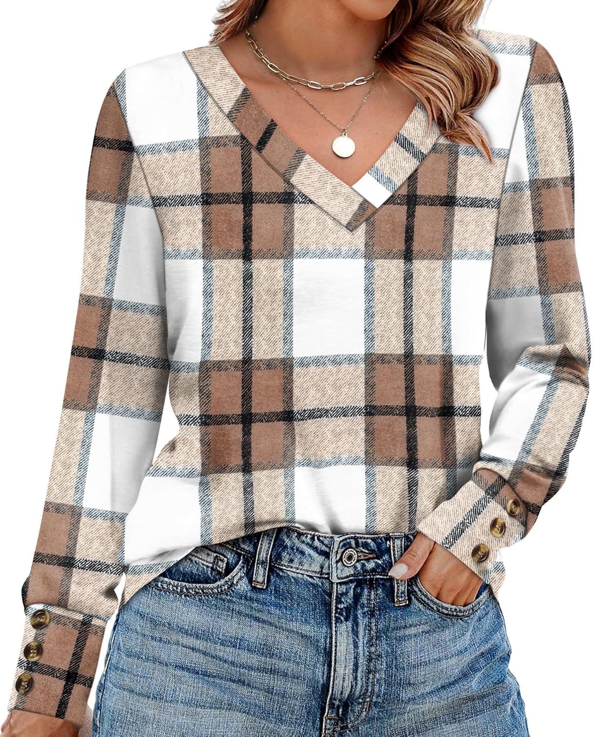 imageXIEERDUO Thermal Fall Outfits 2025 Dressy Casual Womens Sweater Fashion Clothing V Neck Tunic TopsGrid