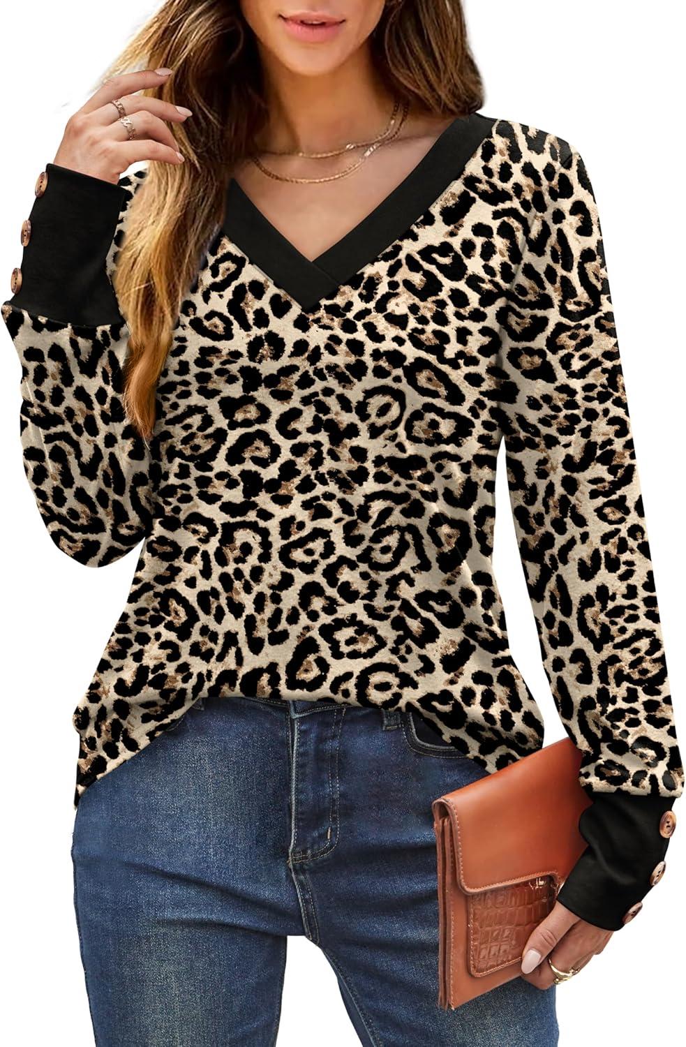 imageXIEERDUO Thermal Fall Outfits 2025 Dressy Casual Womens Sweater Fashion Clothing V Neck Tunic TopsLeopard