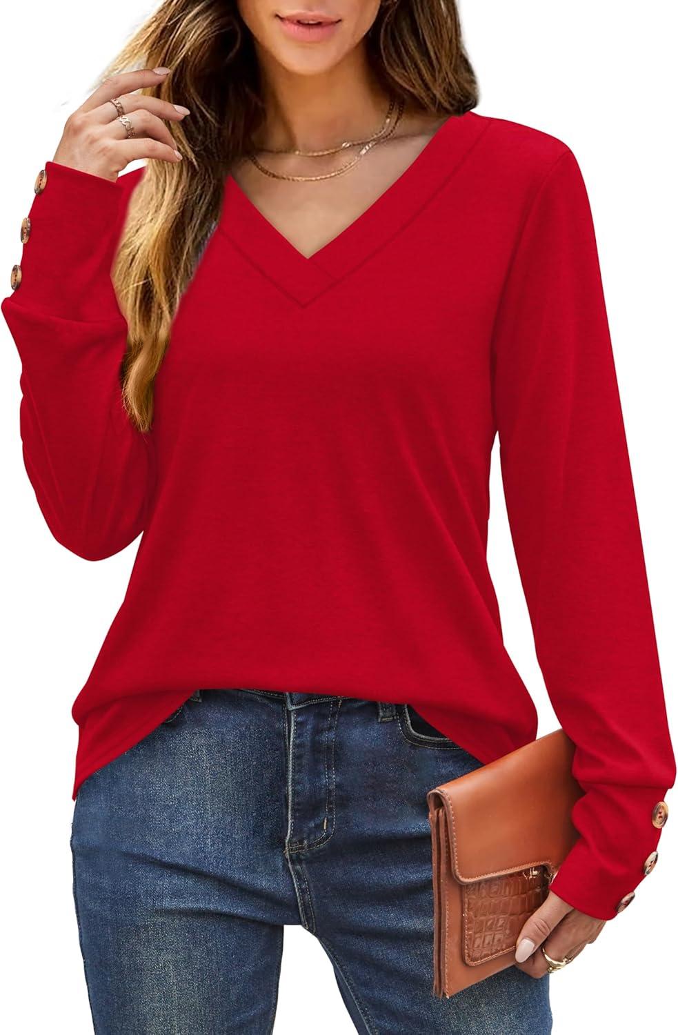 imageXIEERDUO Thermal Fall Outfits 2025 Dressy Casual Womens Sweater Fashion Clothing V Neck Tunic TopsRed