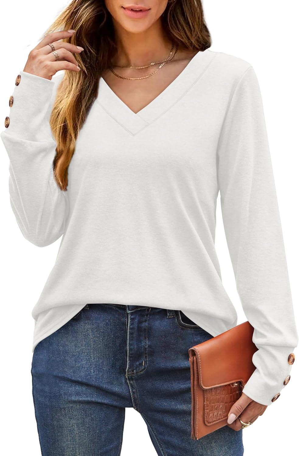 imageXIEERDUO Thermal Fall Outfits 2025 Dressy Casual Womens Sweater Fashion Clothing V Neck Tunic TopsWhite