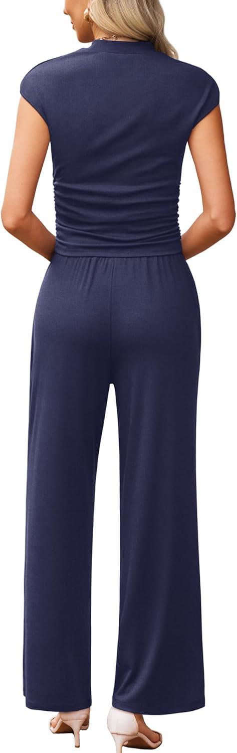 imageXIEERDUO Two Piece Lounge Sets for Women Mock Neck Cap Sleeve Tops Wide Leg Casual Pants Summer Beach Vacation Travel OutfitDark Blue