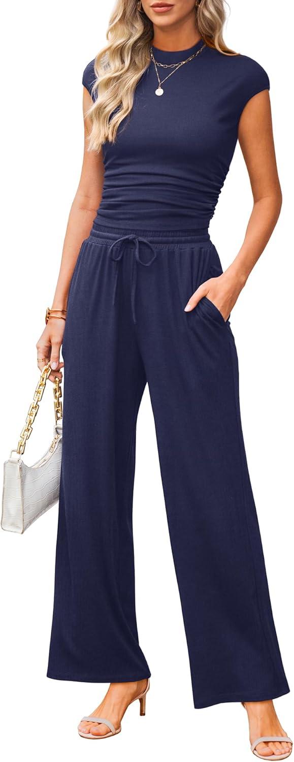 imageXIEERDUO Two Piece Lounge Sets for Women Mock Neck Cap Sleeve Tops Wide Leg Casual Pants Summer Beach Vacation Travel OutfitDark Blue