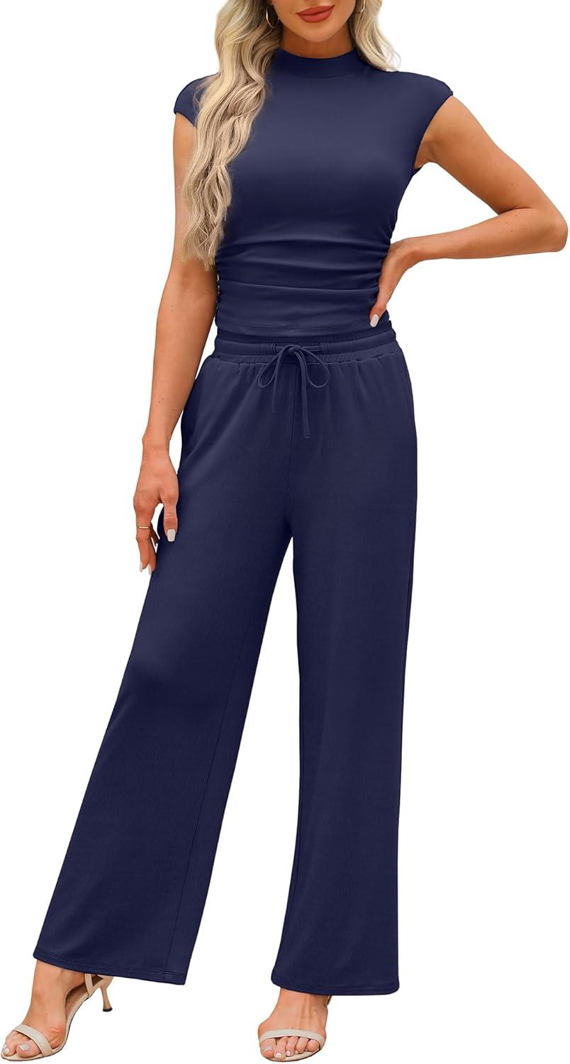 imageXIEERDUO Two Piece Lounge Sets for Women Mock Neck Cap Sleeve Tops Wide Leg Casual Pants Summer Beach Vacation Travel OutfitDark Blue