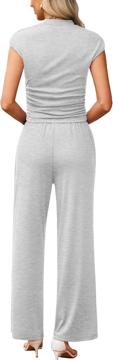 imageXIEERDUO Two Piece Lounge Sets for Women Mock Neck Cap Sleeve Tops Wide Leg Casual Pants Summer Beach Vacation Travel OutfitGrey