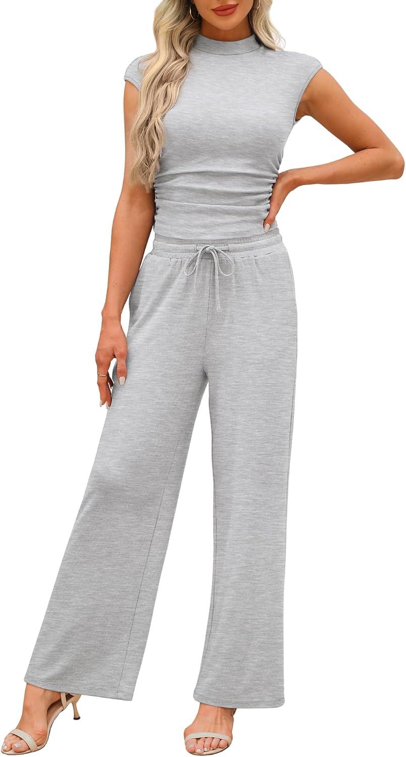 imageXIEERDUO Two Piece Lounge Sets for Women Mock Neck Cap Sleeve Tops Wide Leg Casual Pants Summer Beach Vacation Travel OutfitGrey