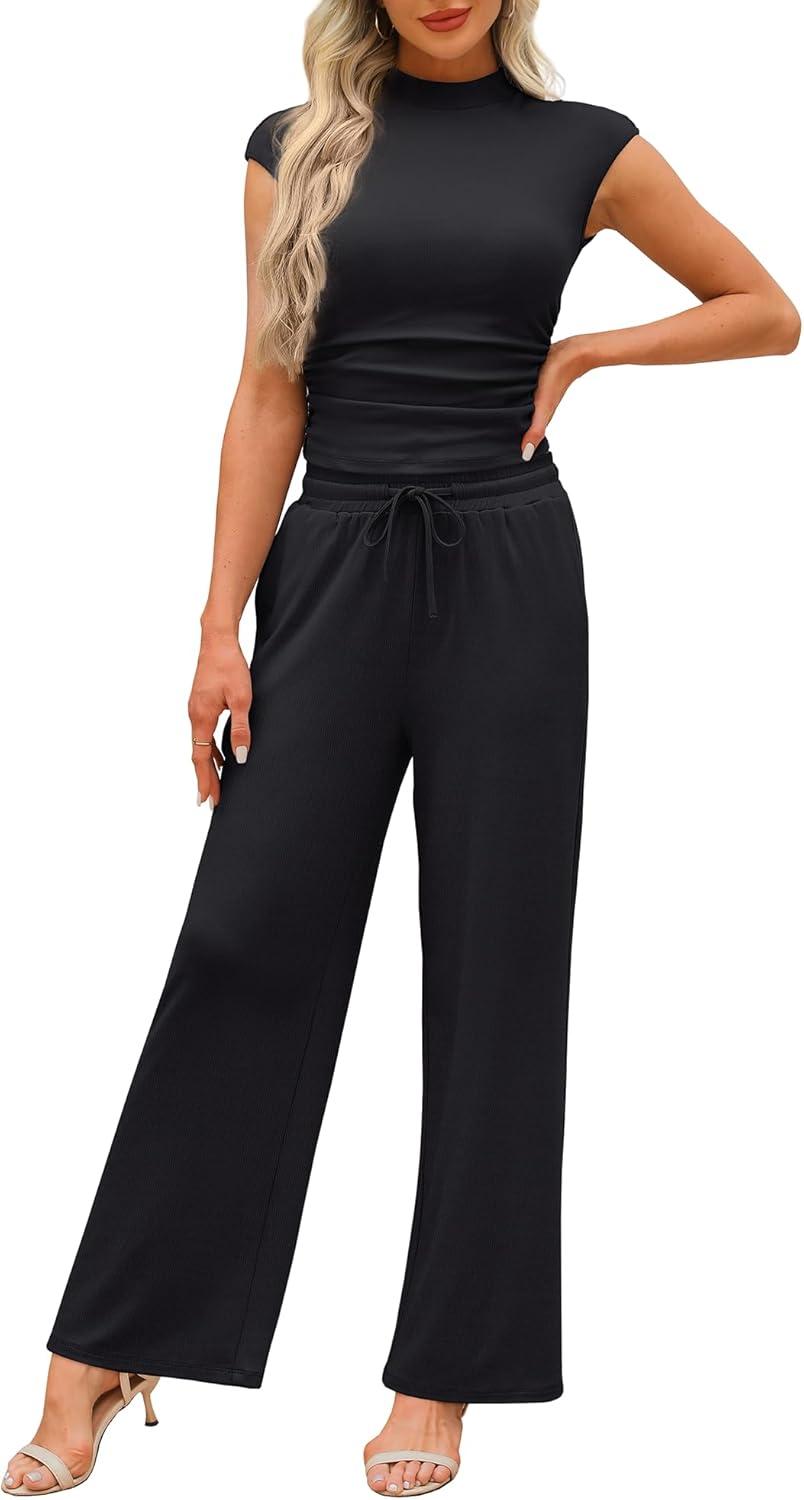 imageXIEERDUO Two Piece Matching Lounge Sets Women Clothing Travel Airport Summer Outfits Resort Wear 2025 High Neck Cap Sleeve Tops Wide Leg Pants Business Casual Sets Beach Vacation Fashion Black S