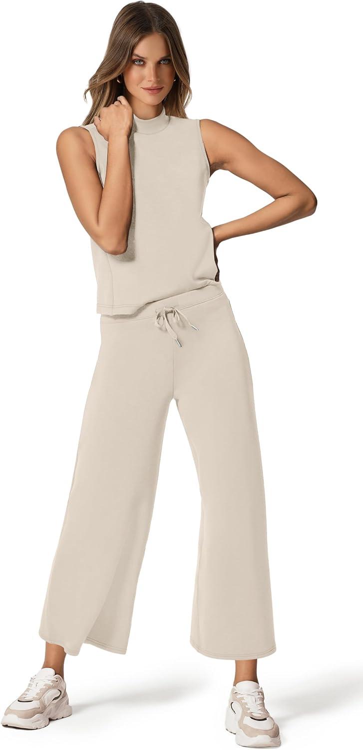 imageXIEERDUO Two Piece Sets for Women Summer Lounge Sets Beach Vacation Travel Outfits Casual Wide Leg Pants Matching Sets0beige