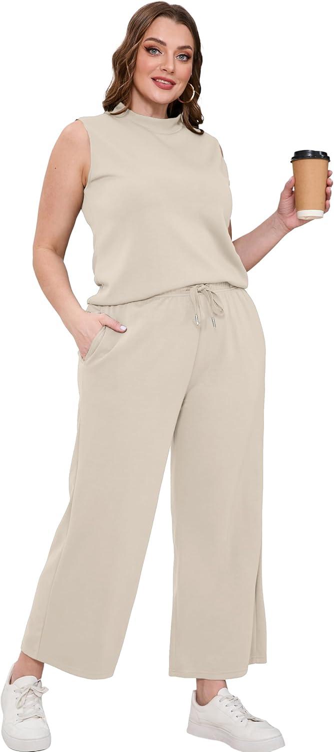 imageXIEERDUO Two Piece Sets for Women Summer Lounge Sets Beach Vacation Travel Outfits Casual Wide Leg Pants Matching Sets0beige