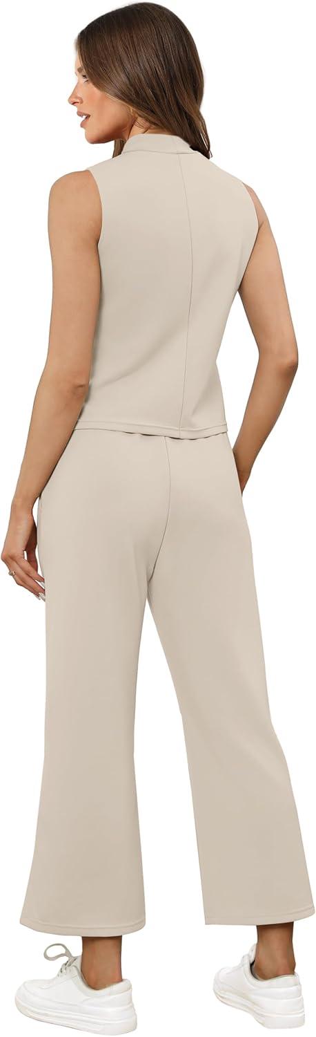 imageXIEERDUO Two Piece Sets for Women Summer Lounge Sets Beach Vacation Travel Outfits Casual Wide Leg Pants Matching Sets0beige