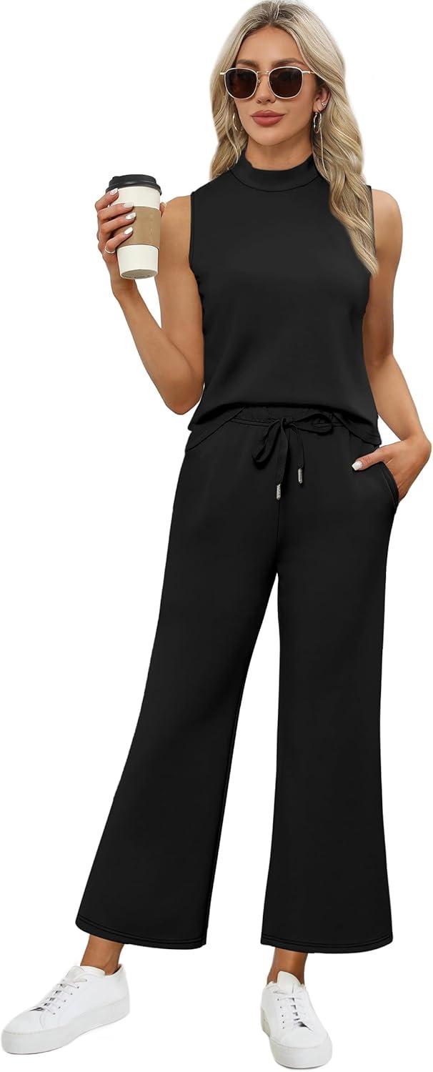 imageXIEERDUO Two Piece Sets for Women Summer Lounge Sets Beach Vacation Travel Outfits Casual Wide Leg Pants Matching Sets0black