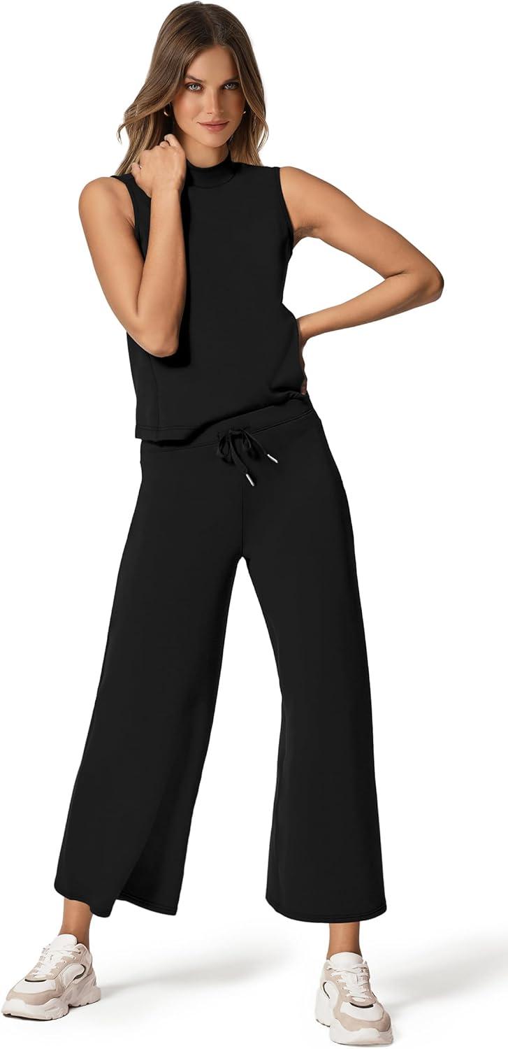 imageXIEERDUO Two Piece Sets for Women Summer Lounge Sets Beach Vacation Travel Outfits Casual Wide Leg Pants Matching Sets0black