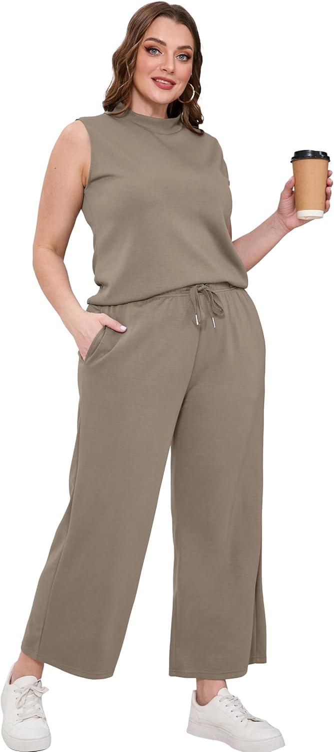 imageXIEERDUO Two Piece Sets for Women Summer Lounge Sets Beach Vacation Travel Outfits Casual Wide Leg Pants Matching Sets1coffee