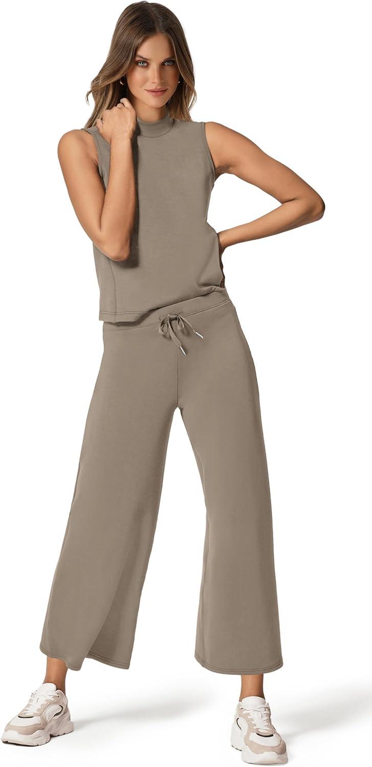 imageXIEERDUO Two Piece Sets for Women Summer Lounge Sets Beach Vacation Travel Outfits Casual Wide Leg Pants Matching Sets1coffee