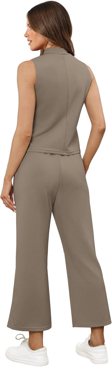 imageXIEERDUO Two Piece Sets for Women Summer Lounge Sets Beach Vacation Travel Outfits Casual Wide Leg Pants Matching Sets1coffee