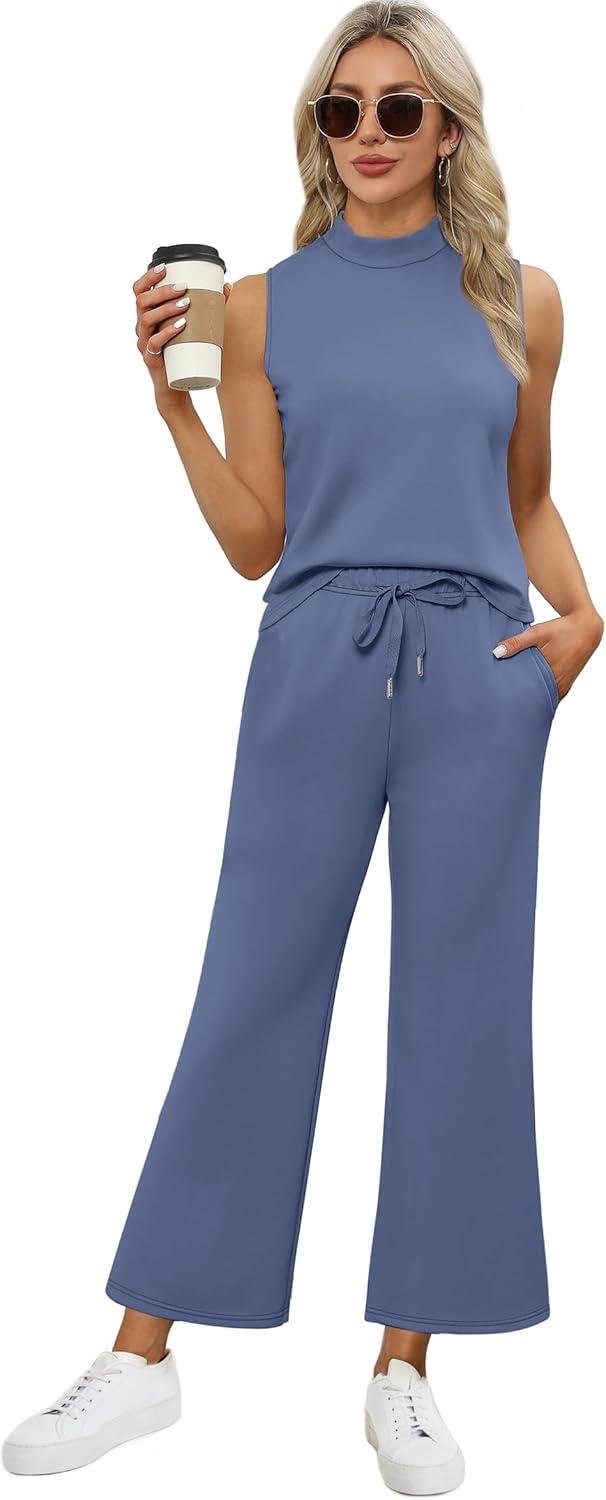 imageXIEERDUO Two Piece Sets for Women Summer Lounge Sets Beach Vacation Travel Outfits Casual Wide Leg Pants Matching Sets2blue