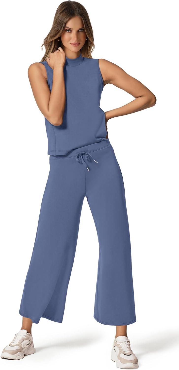 imageXIEERDUO Two Piece Sets for Women Summer Lounge Sets Beach Vacation Travel Outfits Casual Wide Leg Pants Matching Sets2blue