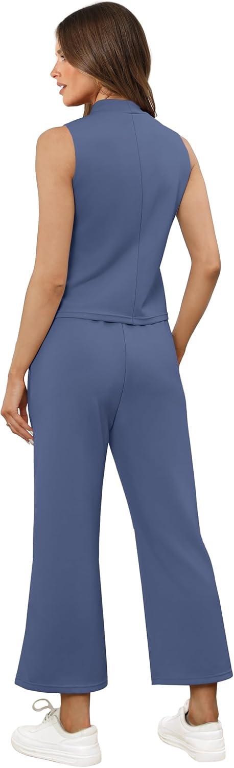 imageXIEERDUO Two Piece Sets for Women Summer Lounge Sets Beach Vacation Travel Outfits Casual Wide Leg Pants Matching Sets2blue