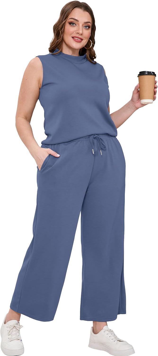 imageXIEERDUO Two Piece Sets for Women Summer Lounge Sets Beach Vacation Travel Outfits Casual Wide Leg Pants Matching Sets2blue