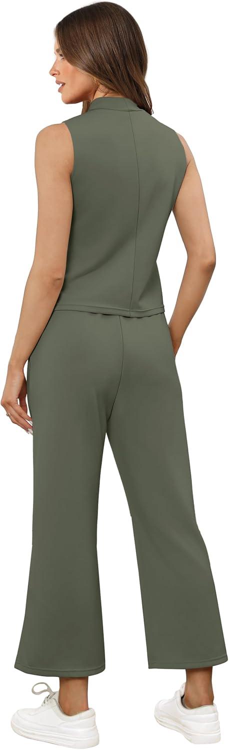 imageXIEERDUO Two Piece Sets for Women Summer Lounge Sets Beach Vacation Travel Outfits Casual Wide Leg Pants Matching Sets2olive Green