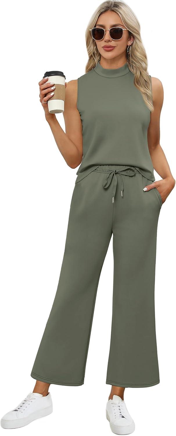 imageXIEERDUO Two Piece Sets for Women Summer Lounge Sets Beach Vacation Travel Outfits Casual Wide Leg Pants Matching Sets2olive Green