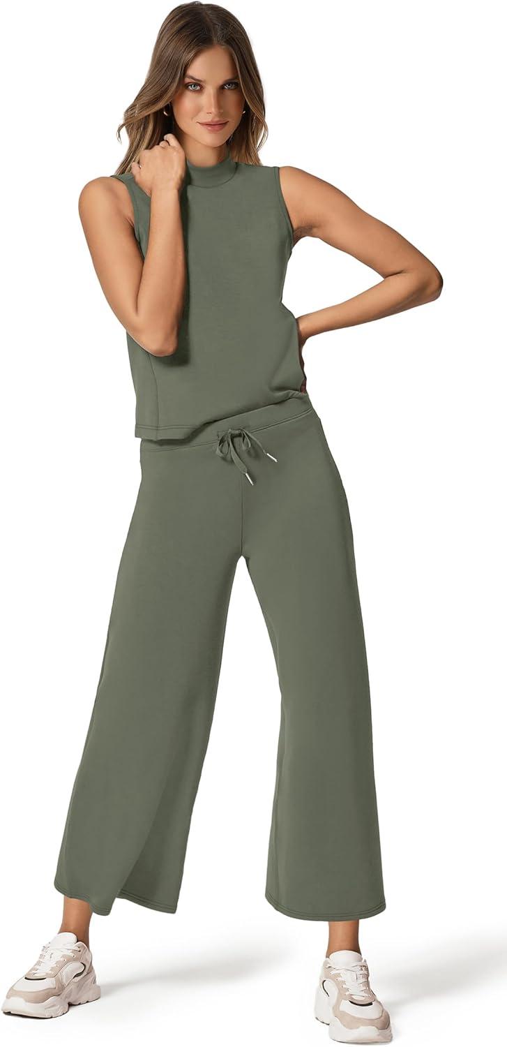 imageXIEERDUO Two Piece Sets for Women Summer Lounge Sets Beach Vacation Travel Outfits Casual Wide Leg Pants Matching Sets2olive Green