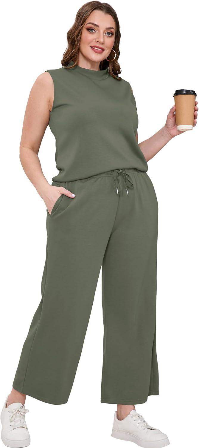 imageXIEERDUO Two Piece Sets for Women Summer Lounge Sets Beach Vacation Travel Outfits Casual Wide Leg Pants Matching Sets2olive Green