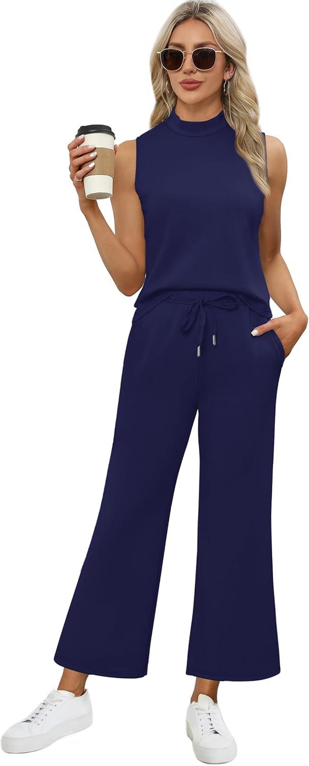 imageXIEERDUO Two Piece Sets for Women Summer Lounge Sets Beach Vacation Travel Outfits Casual Wide Leg Pants Matching Sets3dark Blue