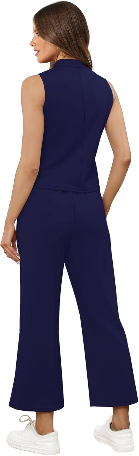 imageXIEERDUO Two Piece Sets for Women Summer Lounge Sets Beach Vacation Travel Outfits Casual Wide Leg Pants Matching Sets3dark Blue