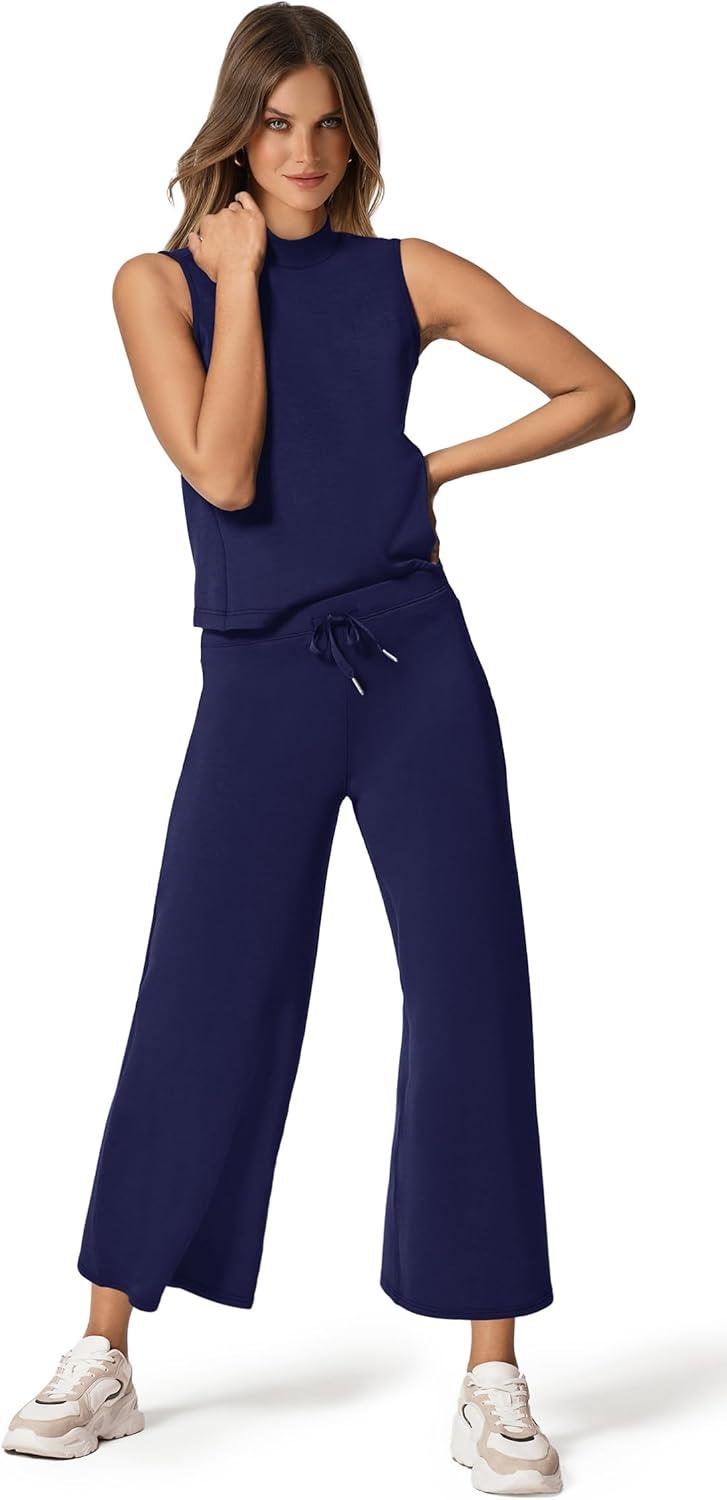 imageXIEERDUO Two Piece Sets for Women Summer Lounge Sets Beach Vacation Travel Outfits Casual Wide Leg Pants Matching Sets3dark Blue