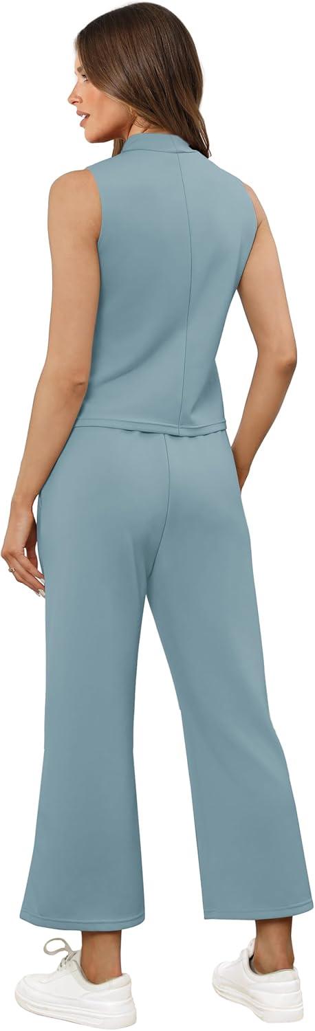 imageXIEERDUO Two Piece Sets for Women Summer Lounge Sets Beach Vacation Travel Outfits Casual Wide Leg Pants Matching Sets4lake Blue