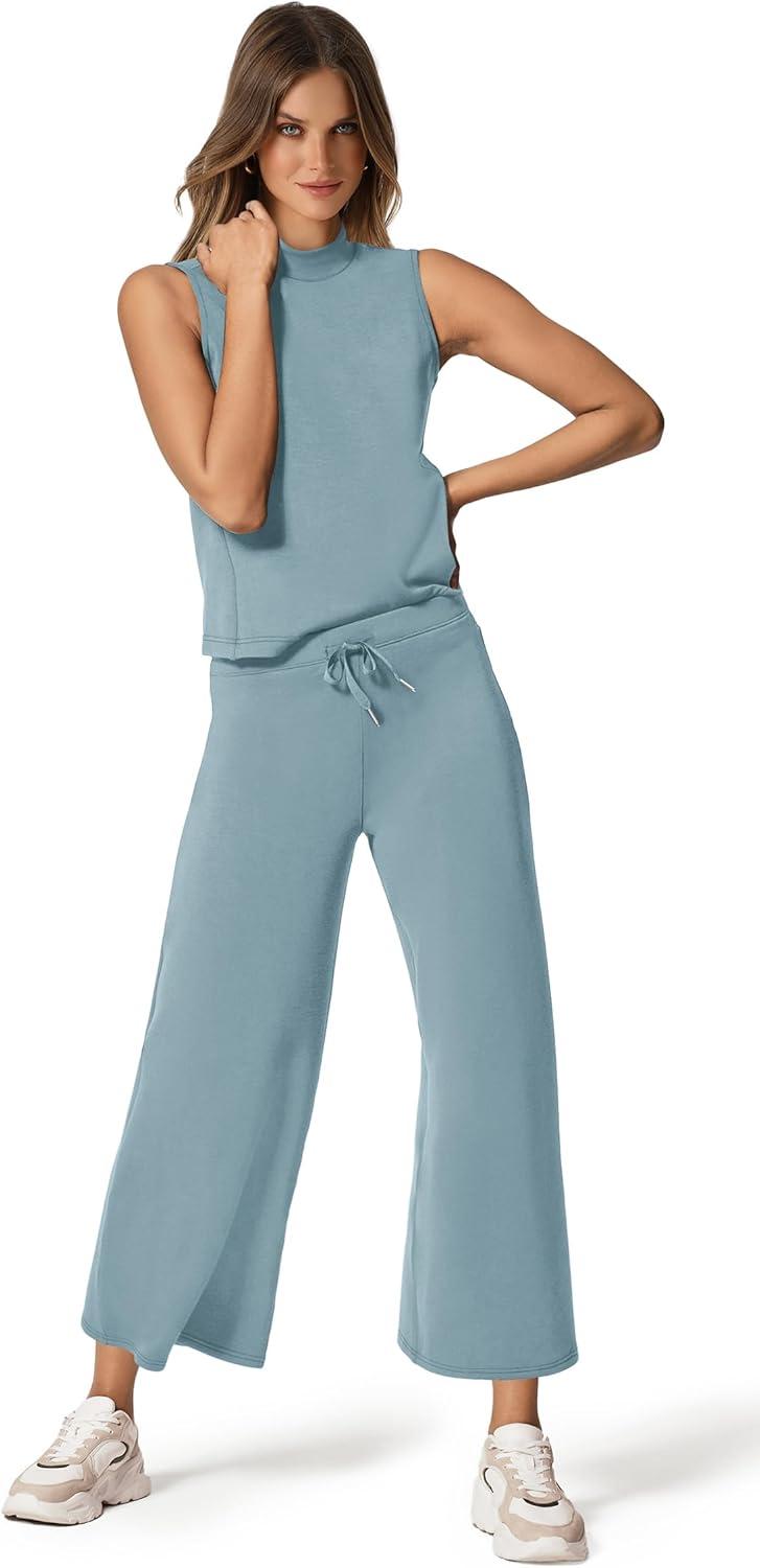 imageXIEERDUO Two Piece Sets for Women Summer Lounge Sets Beach Vacation Travel Outfits Casual Wide Leg Pants Matching Sets4lake Blue