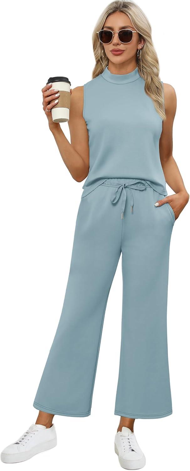 imageXIEERDUO Two Piece Sets for Women Summer Lounge Sets Beach Vacation Travel Outfits Casual Wide Leg Pants Matching Sets4lake Blue