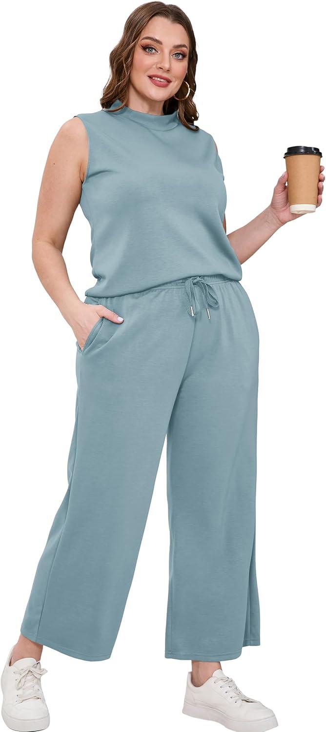 imageXIEERDUO Two Piece Sets for Women Summer Lounge Sets Beach Vacation Travel Outfits Casual Wide Leg Pants Matching Sets4lake Blue