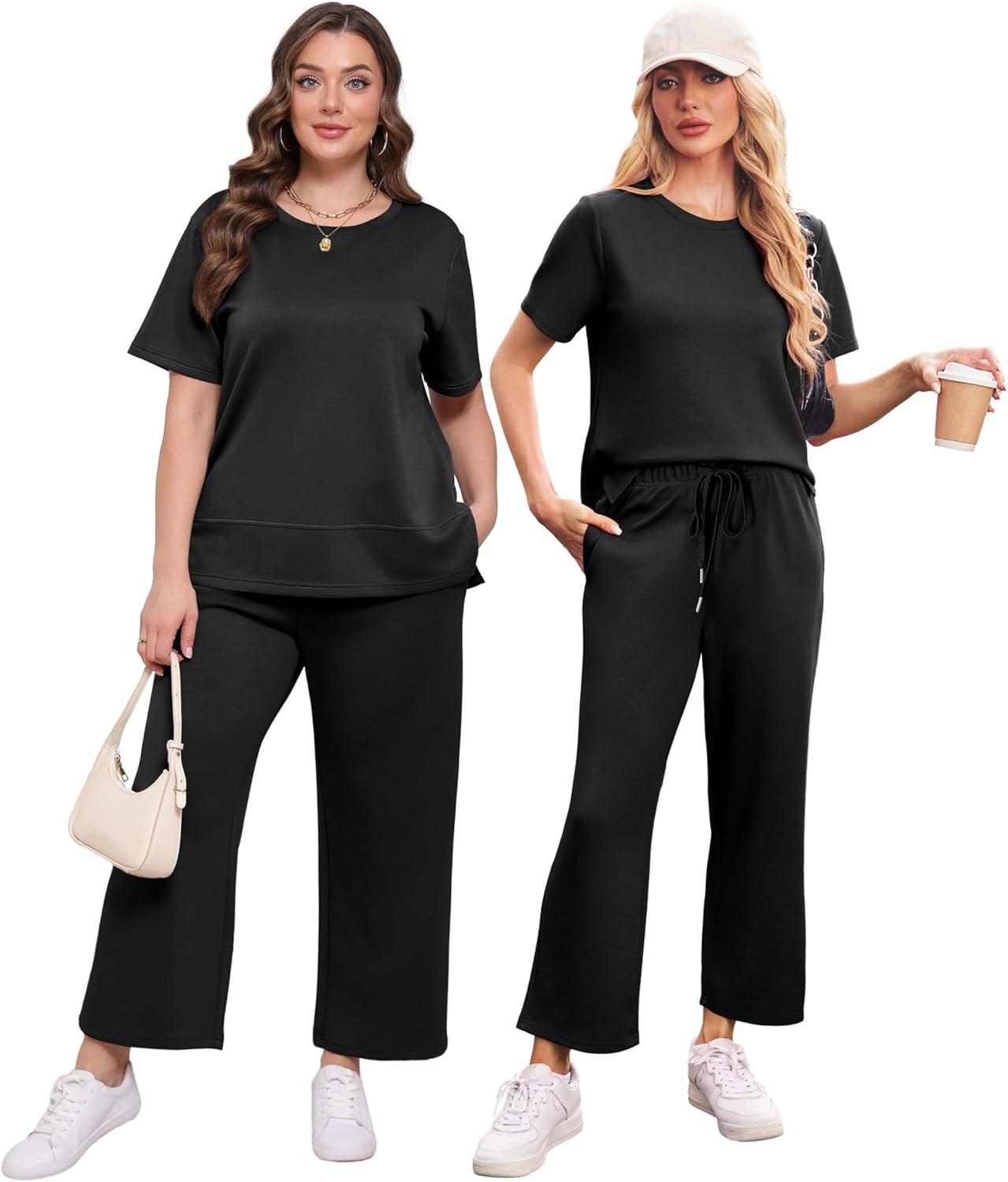 imageXIEERDUO Womens 2 Piece Lounge Set Fashion Travel Outfits Vacation Tracksuit Comfy Wide Leg Airport Loungewear S3XLA Black