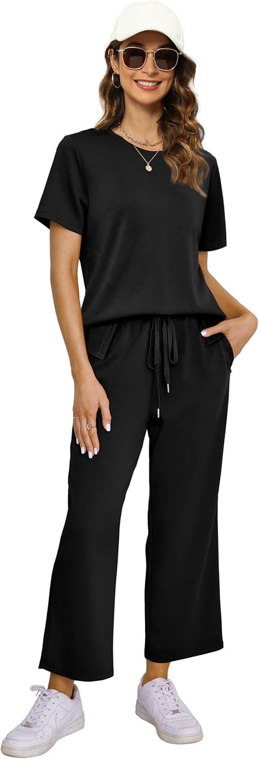 imageXIEERDUO Womens 2 Piece Lounge Set Fashion Travel Outfits Vacation Tracksuit Comfy Wide Leg Airport Loungewear S3XLA Black