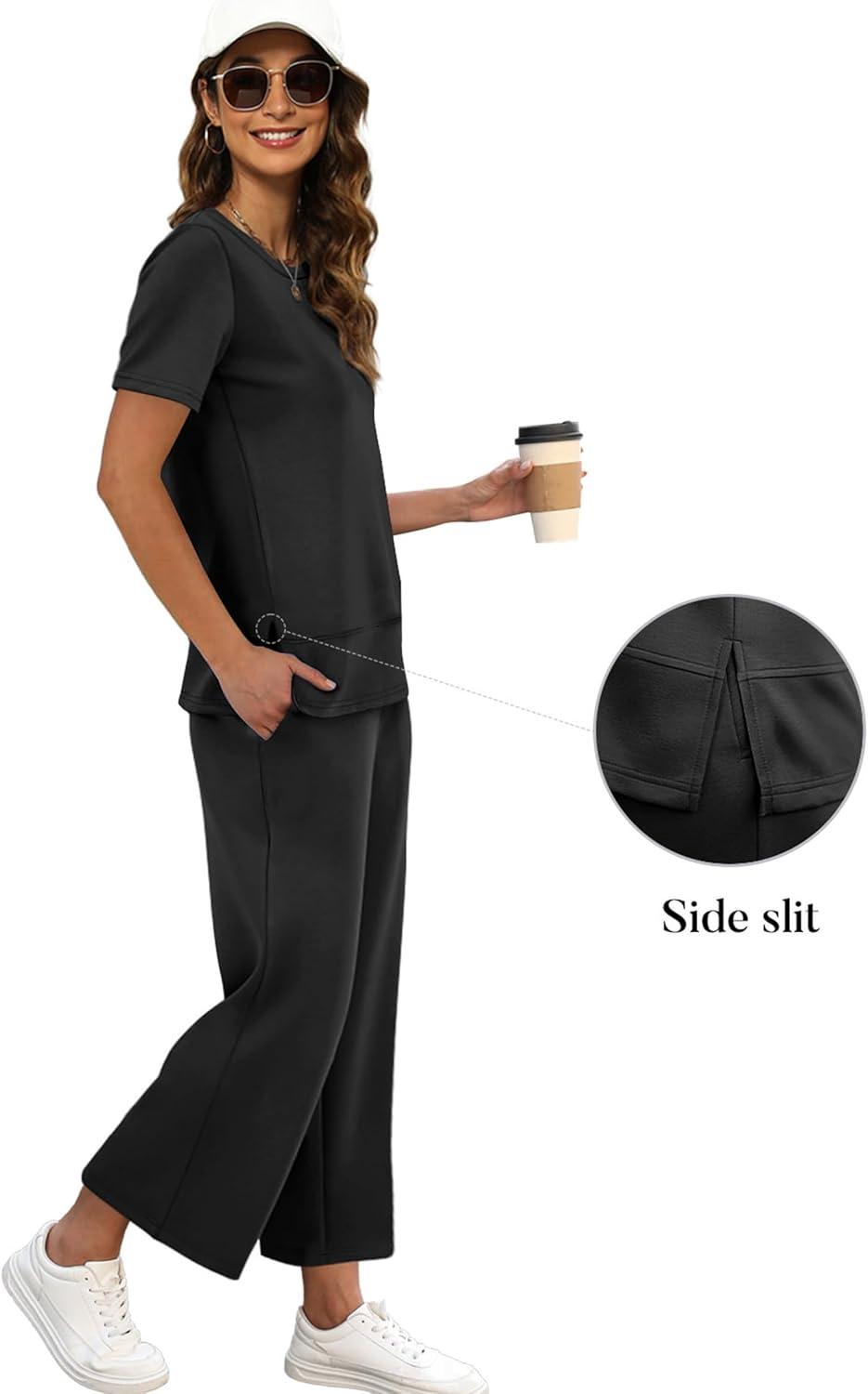 imageXIEERDUO Womens 2 Piece Lounge Set Fashion Travel Outfits Vacation Tracksuit Comfy Wide Leg Airport Loungewear S3XLA Black