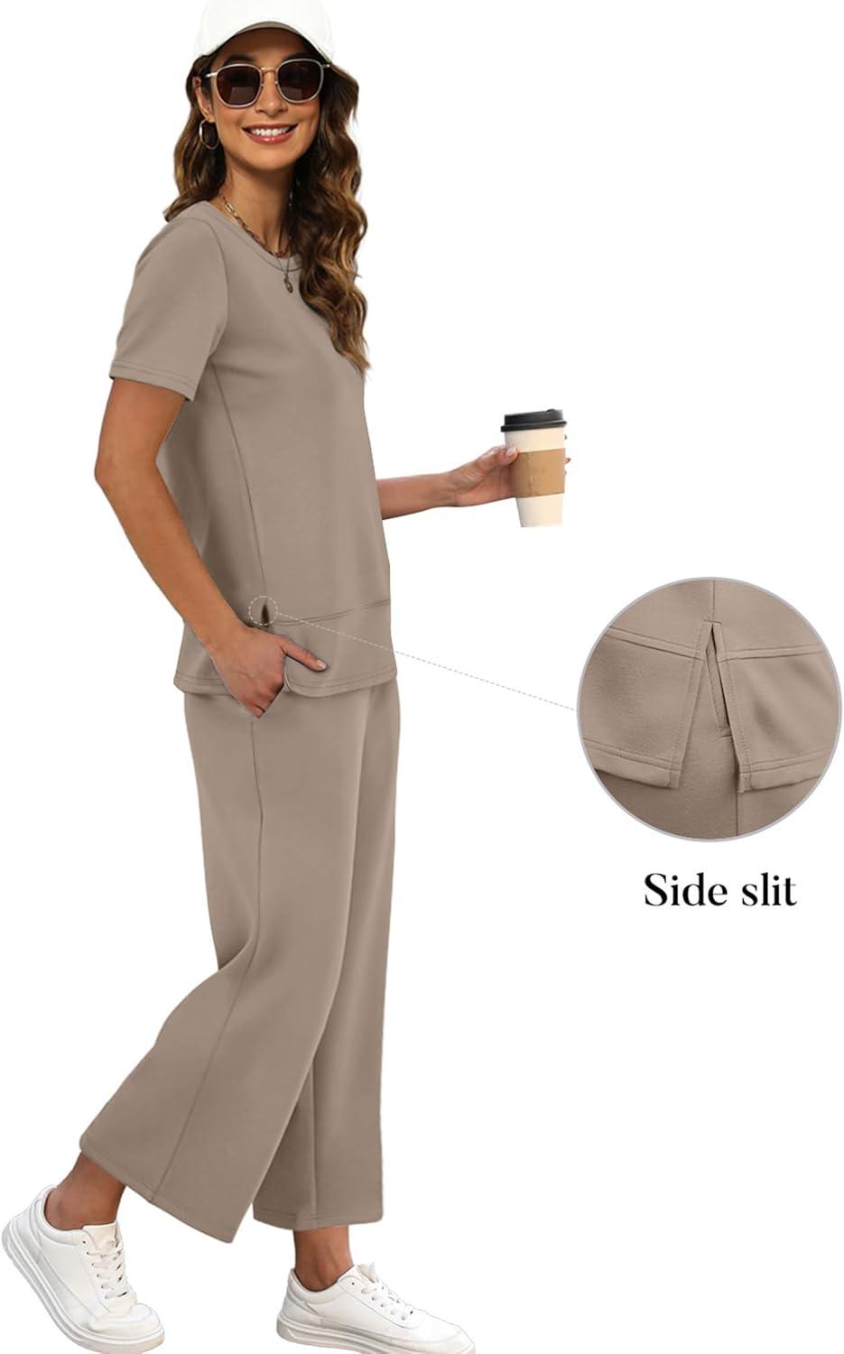 imageXIEERDUO Womens 2 Piece Lounge Set Fashion Travel Outfits Vacation Tracksuit Comfy Wide Leg Airport Loungewear S3XLA Khaki