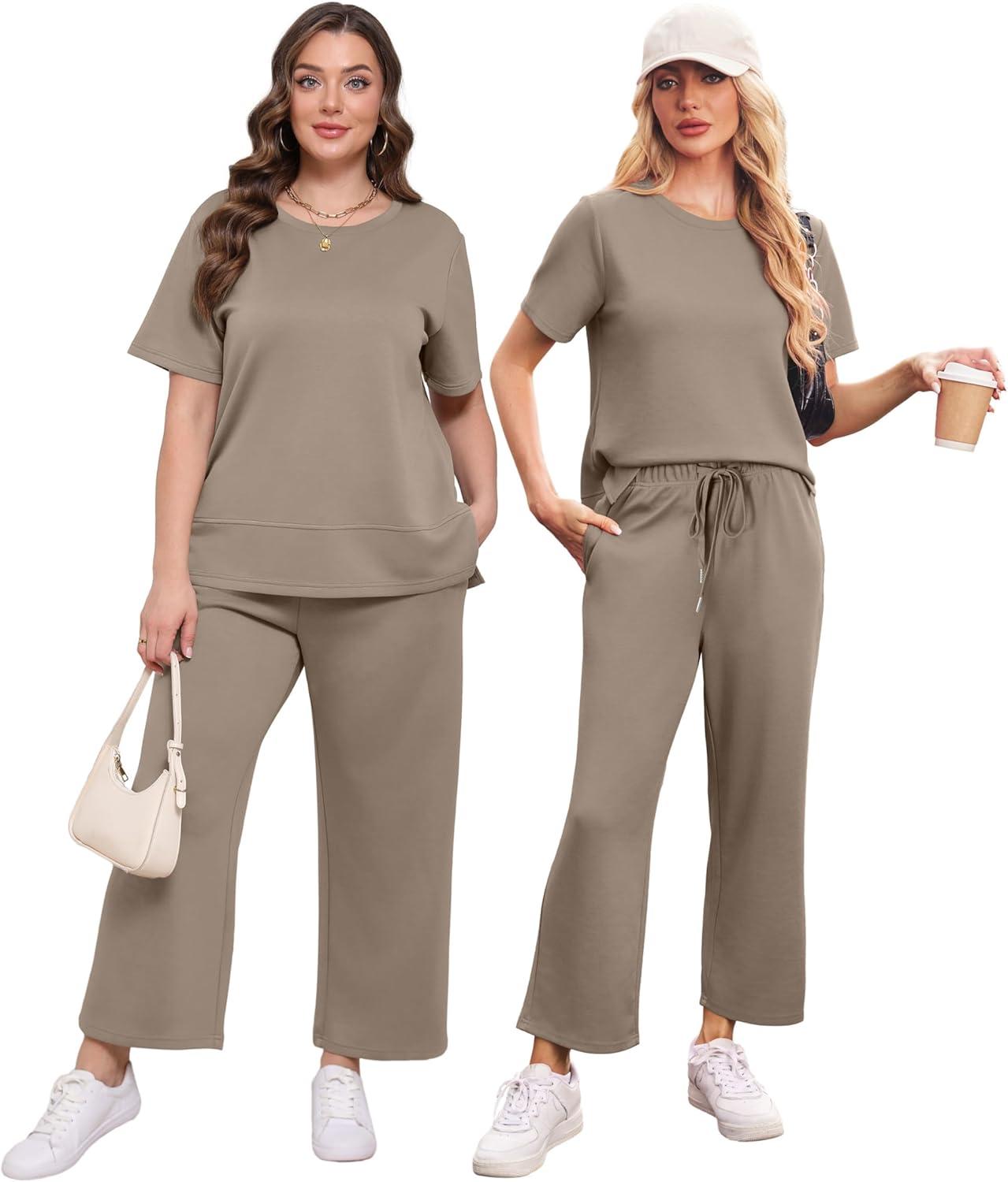 imageXIEERDUO Womens 2 Piece Lounge Set Fashion Travel Outfits Vacation Tracksuit Comfy Wide Leg Airport Loungewear S3XLA Khaki