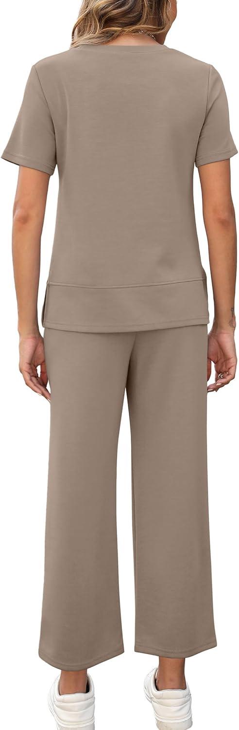 imageXIEERDUO Womens 2 Piece Lounge Set Fashion Travel Outfits Vacation Tracksuit Comfy Wide Leg Airport Loungewear S3XLA Khaki