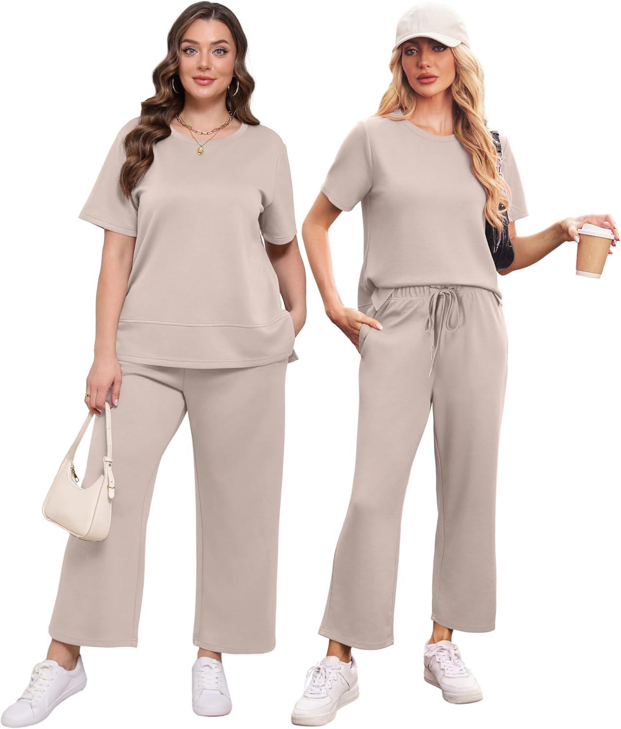 imageXIEERDUO Womens 2 Piece Lounge Set Fashion Travel Outfits Vacation Tracksuit Comfy Wide Leg Airport Loungewear S3XLApricot
